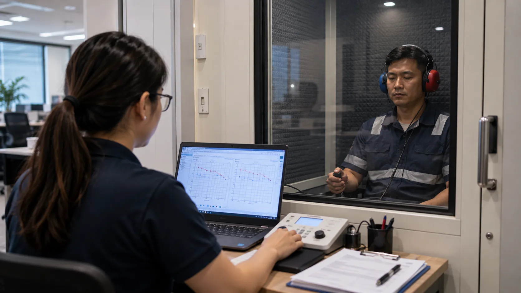 An audiometric technician conducting an on-site hearing test with a worker in a sound-treated booth, reviewing the audiogram on a laptop