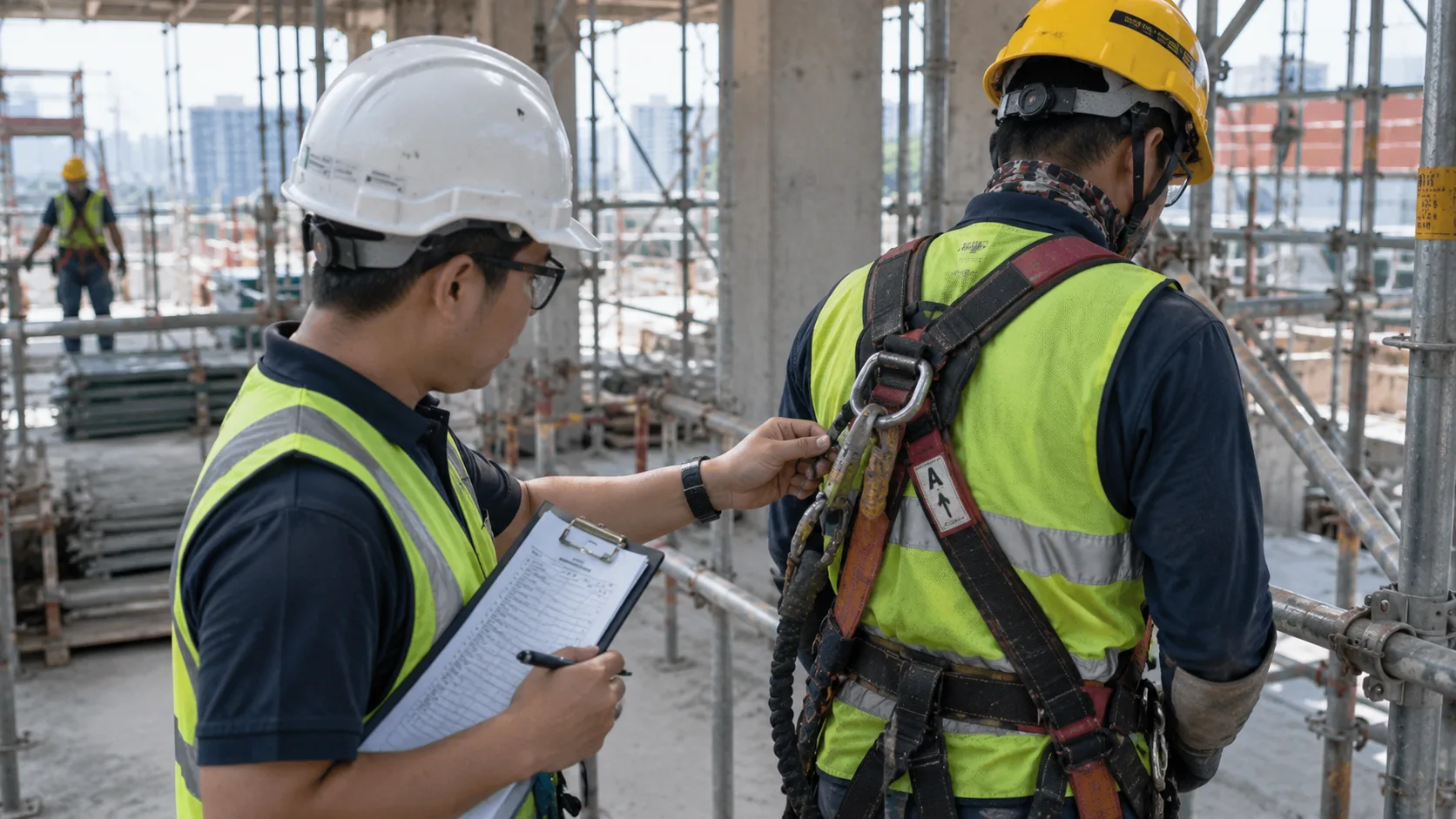 A competent person inspecting a worker's full-body harness and anchorage connection on a construction site, checking a clipboard register