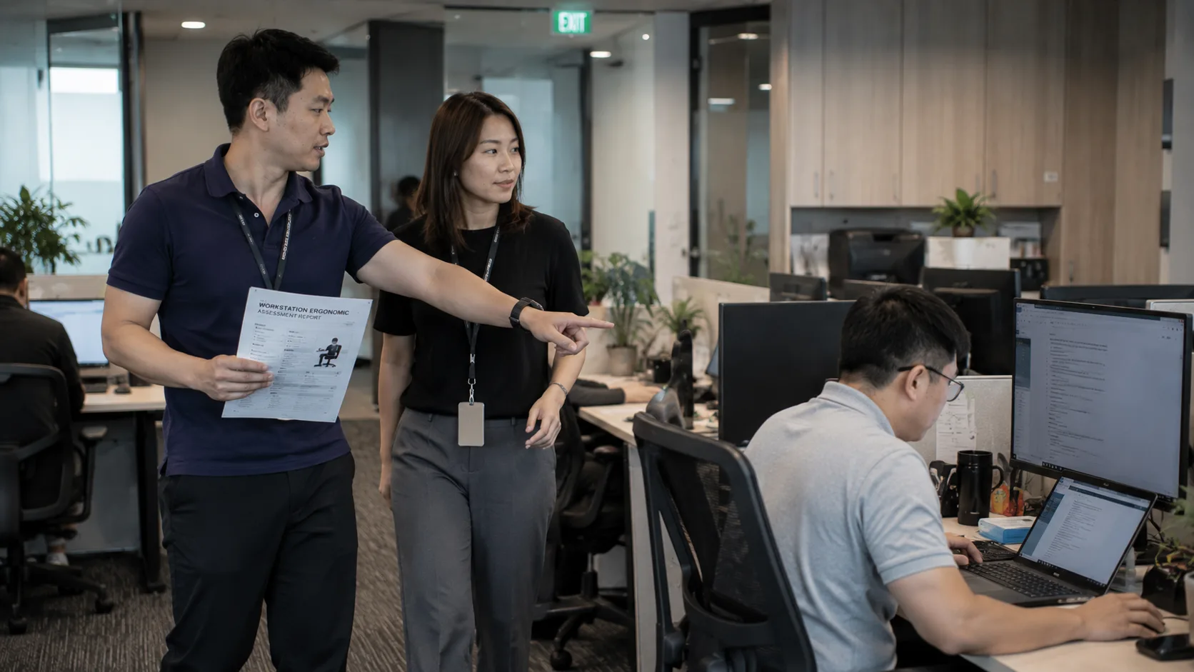 Two colleagues walking an office floor with a printed workstation ergonomic assessment report, pointing toward a desk where a third employee is working