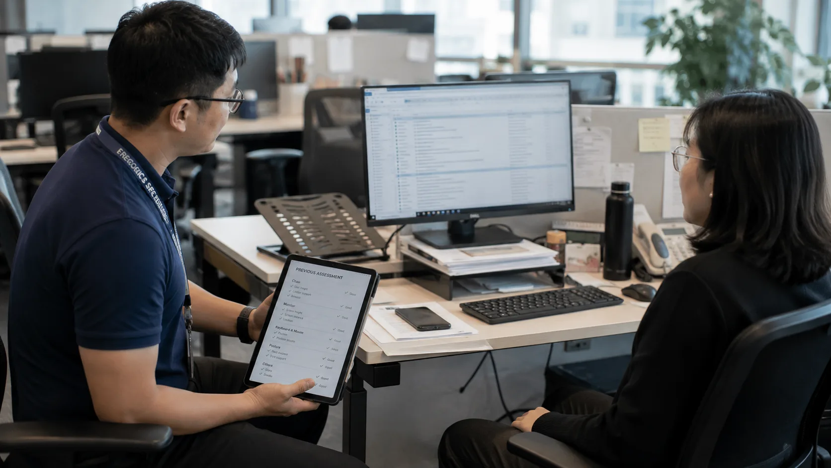 An ergonomics specialist reviewing a previous assessment checklist on a tablet at an employee's desk in Singapore