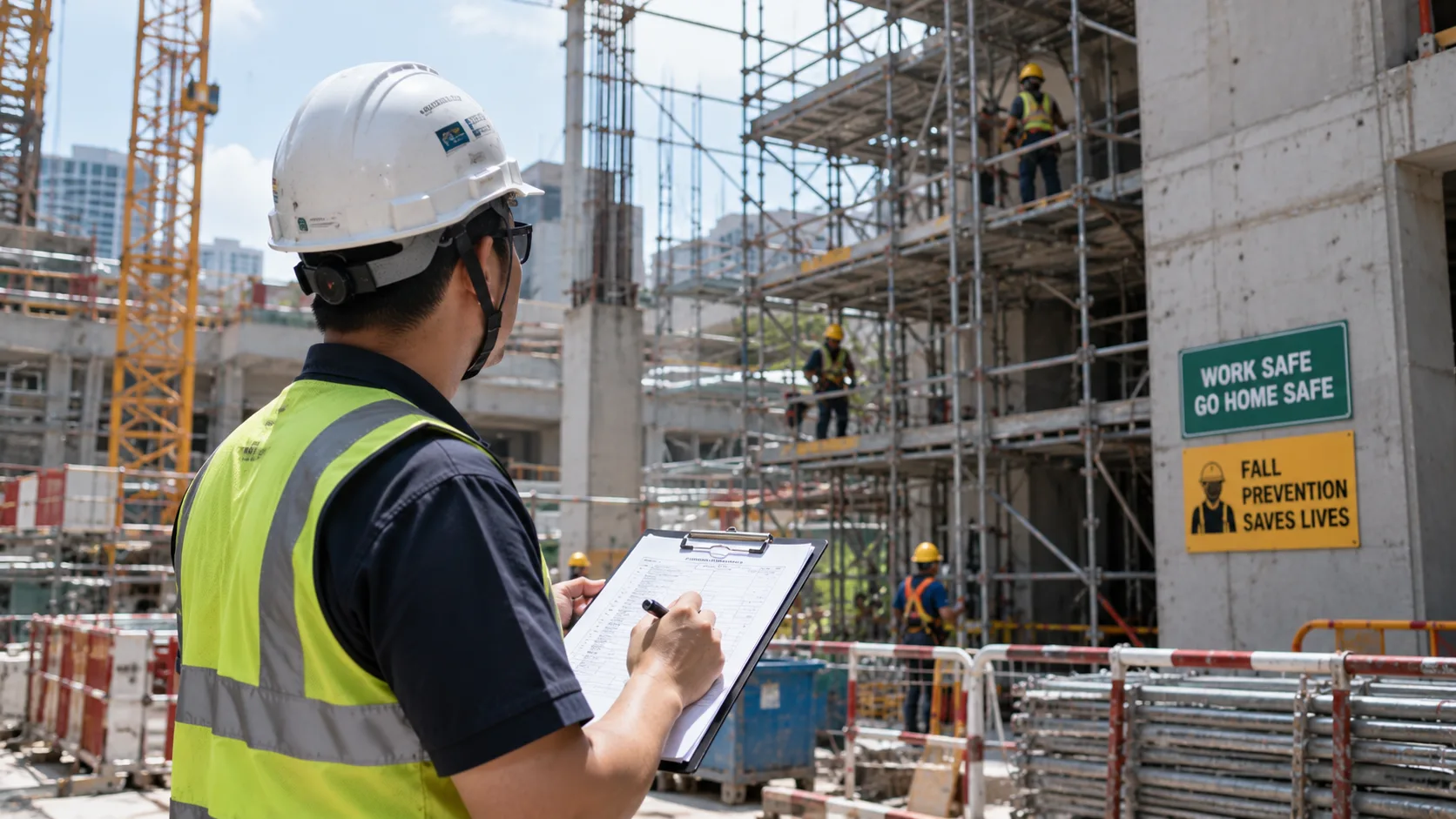 A supervisor reviewing a fall prevention plan document on a construction site, with scaffolding and workers at height in the background