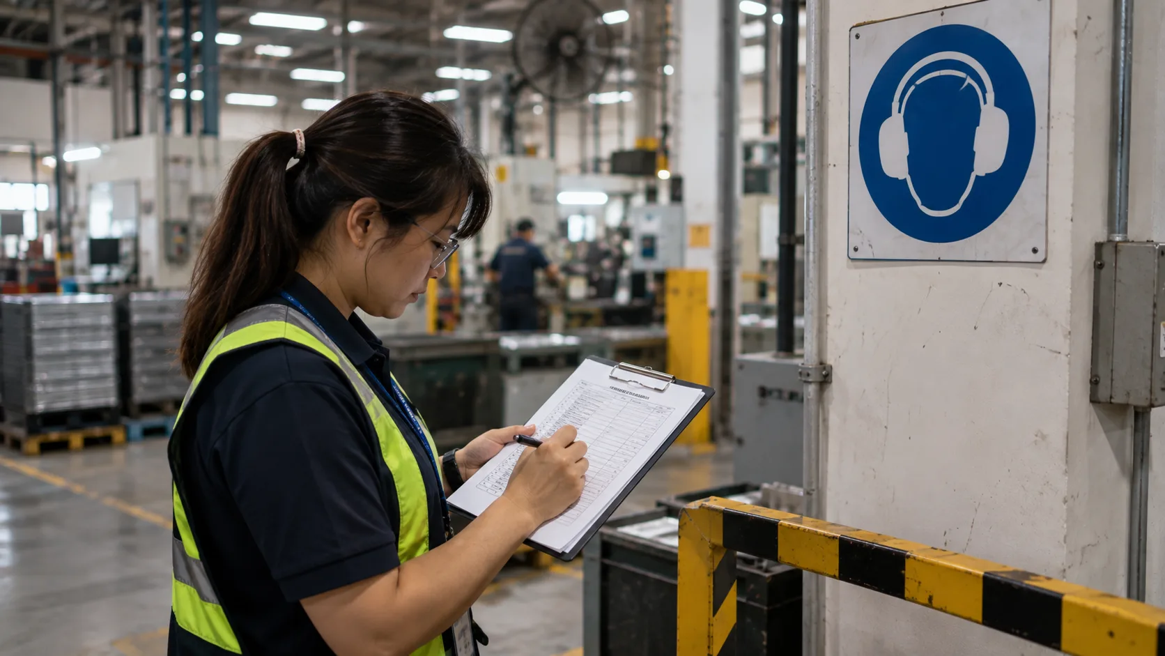 An EHS officer reviewing a register of employees in a noise-exposed hazardous occupation on a clipboard, standing near a workplace hearing-protection sign