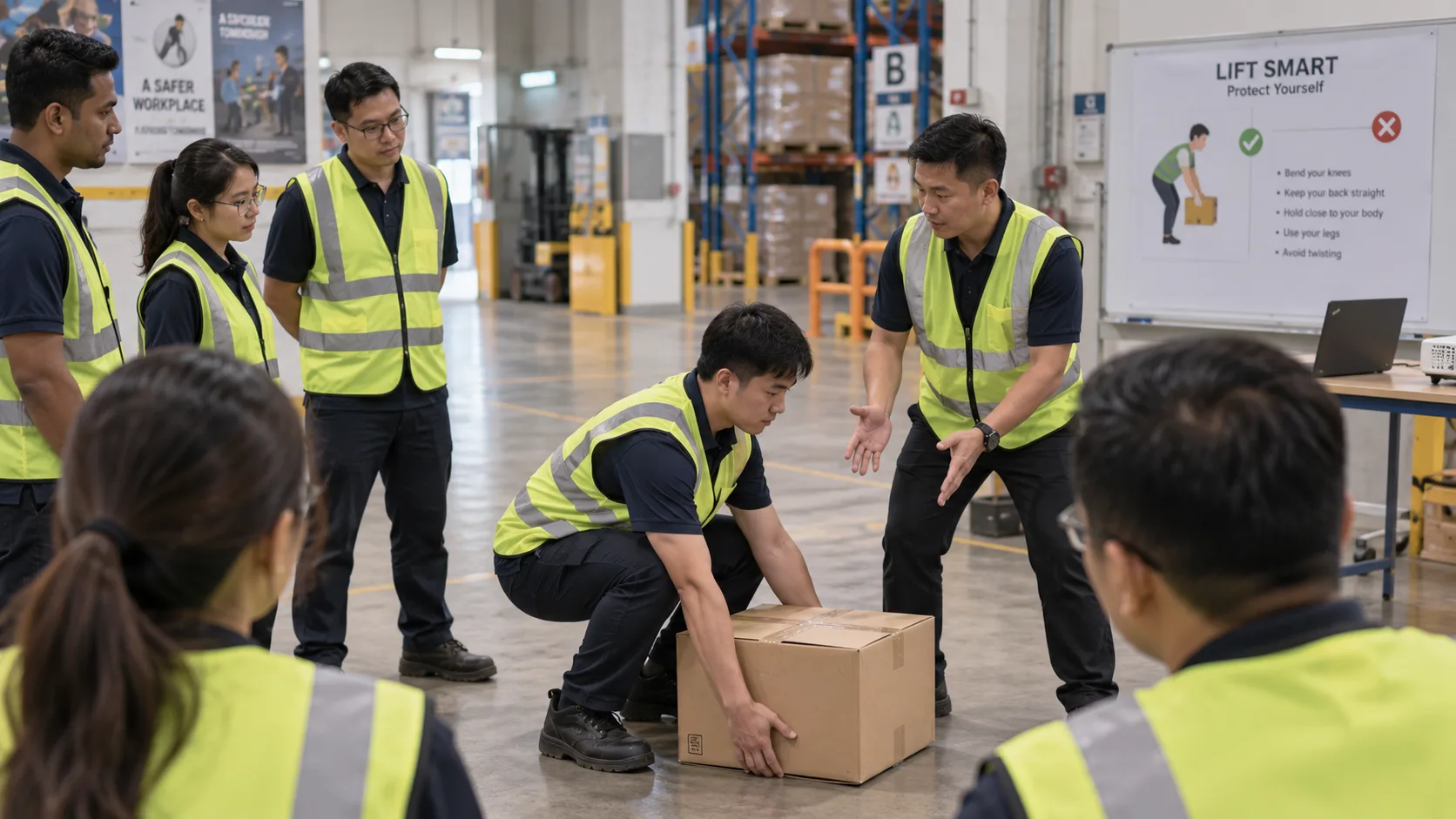 A safety facilitator demonstrating correct manual lifting technique to a group of warehouse employees in hi-vis vests, one employee practising the technique under guidance