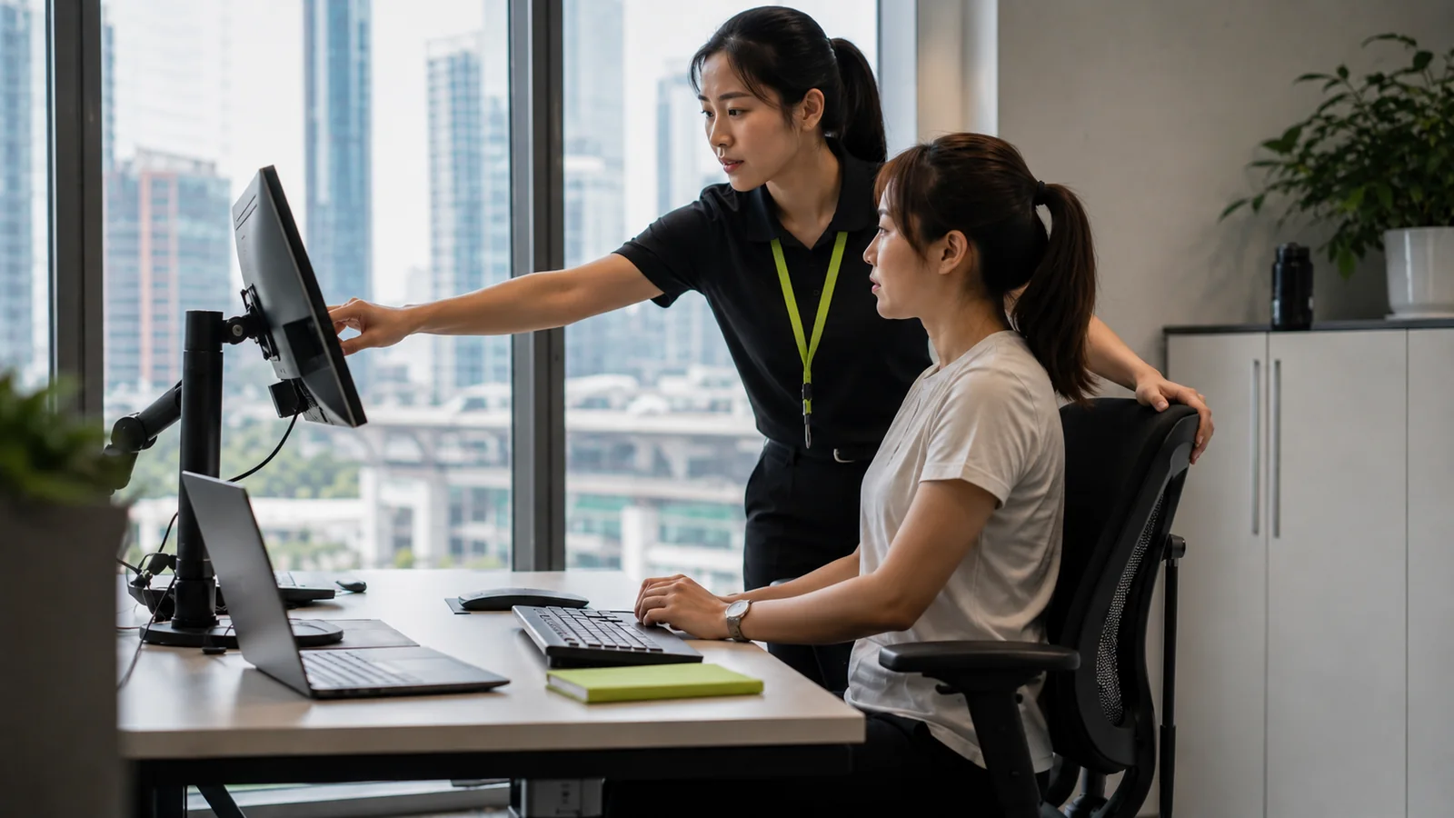An ergonomics professional reviewing an employee's workstation setup