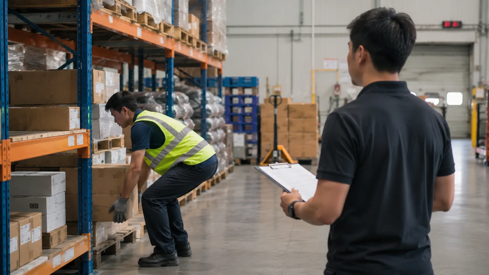 A physiotherapist observing a warehouse worker lifting a box from a low shelf during an onsite assessment
