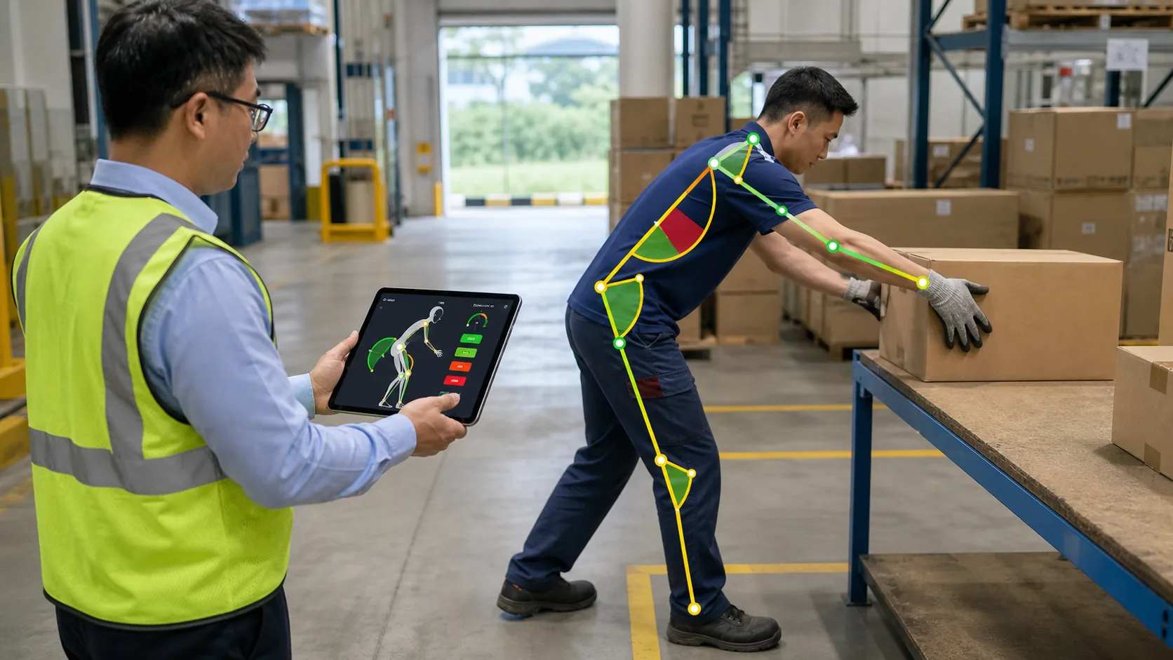 An assessor reviewing a warehouse worker's lifting posture on a tablet, with a skeletal overlay showing REBA/RULA scoring in real time