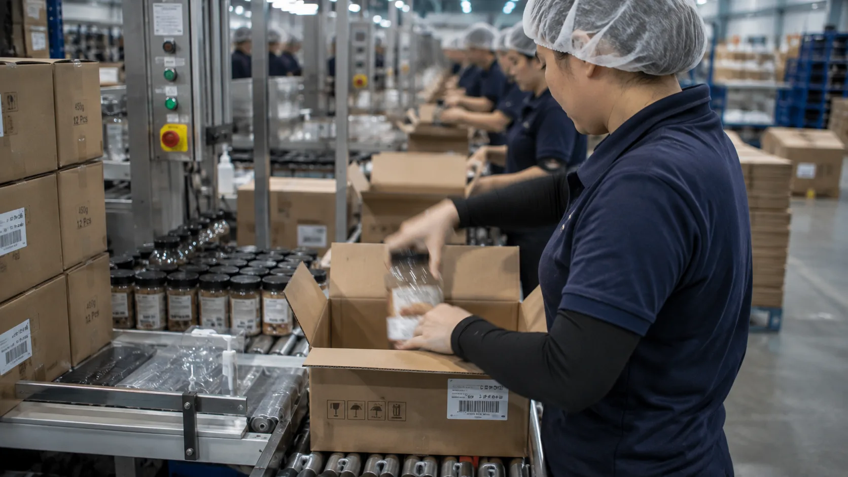 A worker on a repetitive packing line placing items into a box on a production line, a task-design problem no workstation adjustment can fix