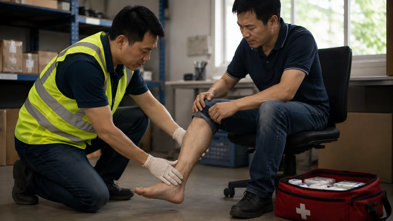 A workplace first aider attending to an employee's injured ankle