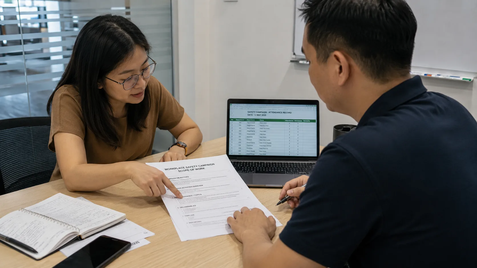A facilitator and a manager reviewing a workplace safety campaign scope of work document, with an attendance-record spreadsheet open on a laptop beside them