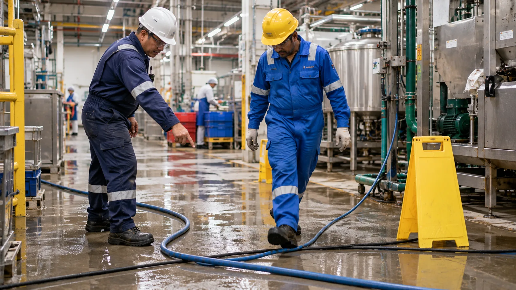 A worker in a white hard hat pointing at a hose trailing across a wet factory floor while a colleague in blue coveralls steps over it, with a yellow wet-floor stand beside the walkway