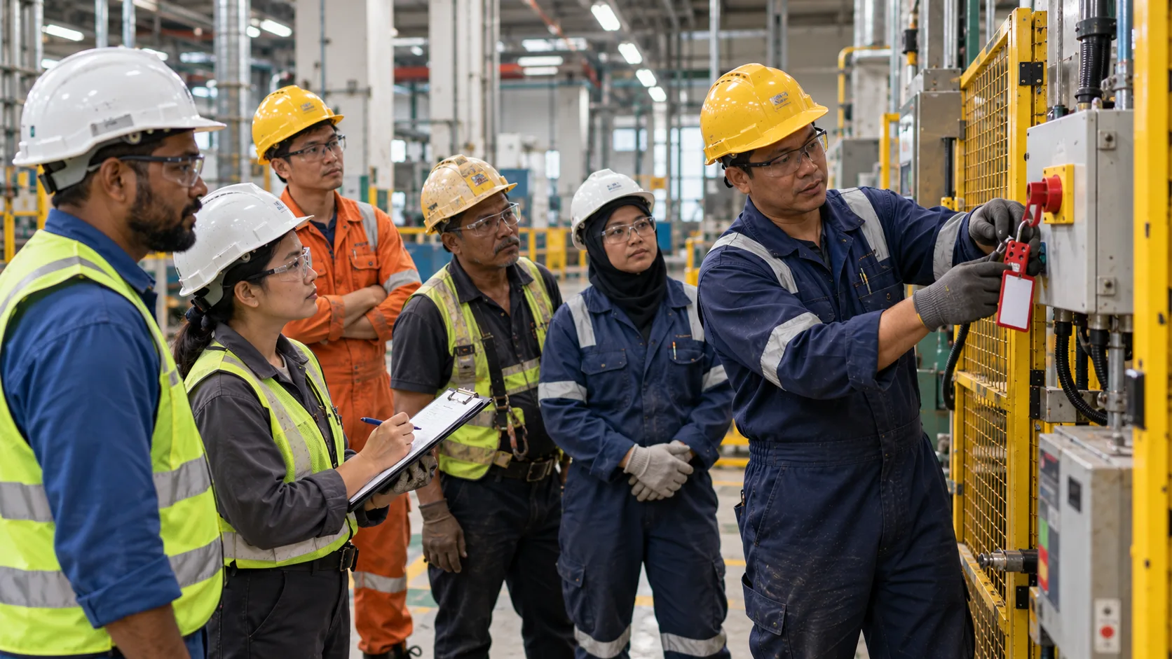 A worker in navy coveralls attaching a red lock-out tag to a machine isolation switch while five colleagues in hard hats watch and one takes notes on a clipboard