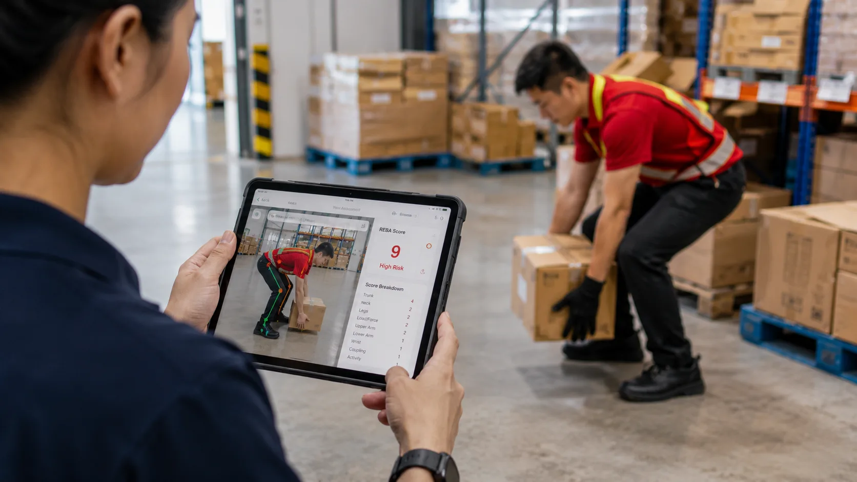 An assessor scoring a warehouse worker's lifting posture on a tablet, showing a REBA score of 9 and a high-risk rating