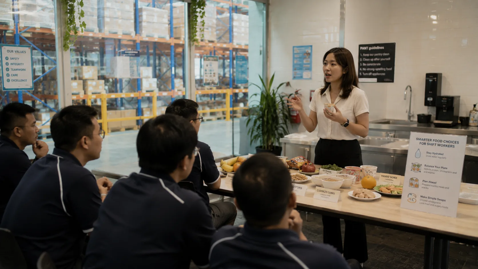 A dietitian running a nutrition talk for shift workers in a warehouse pantry in Singapore