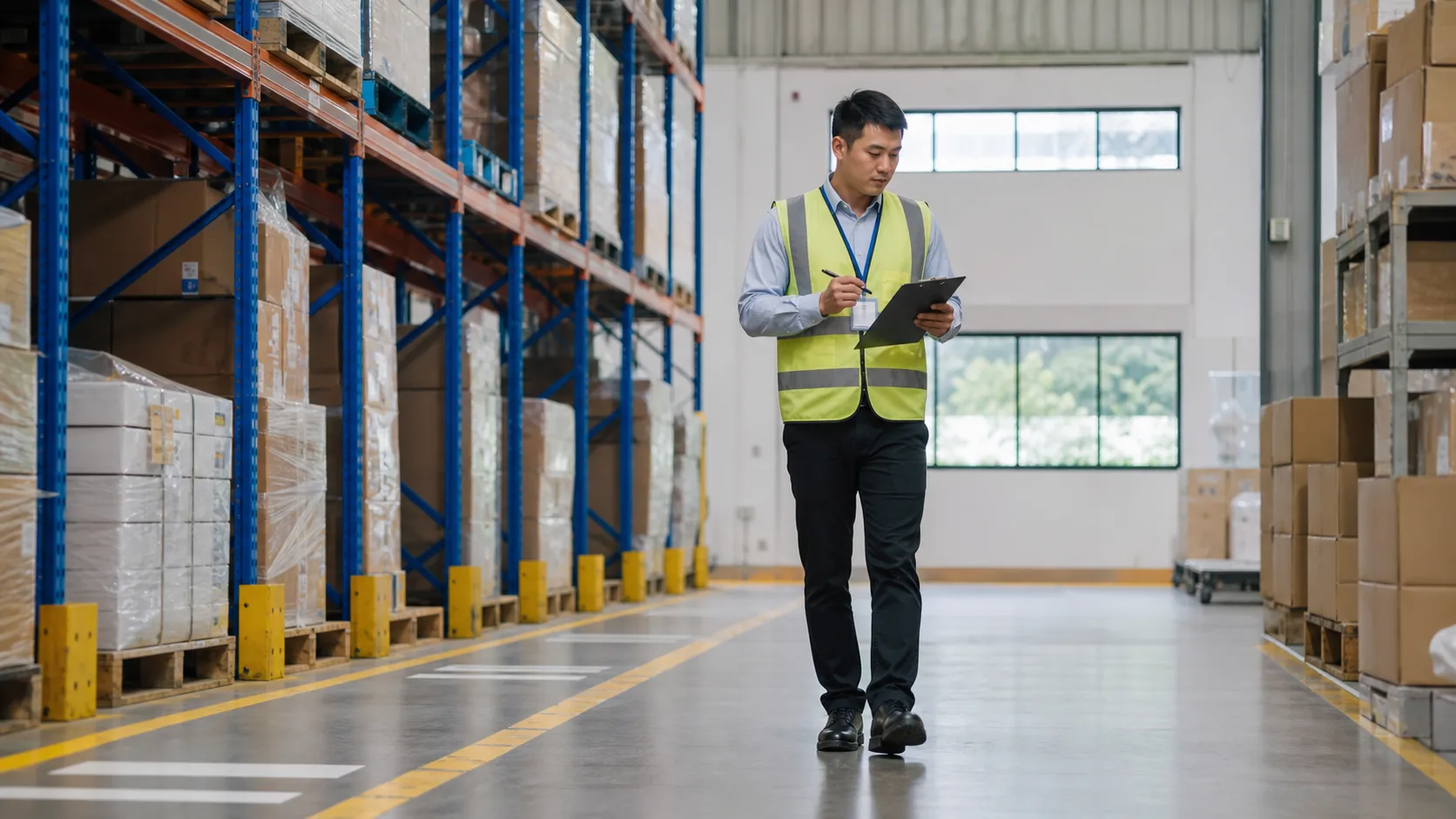A WSH officer in a hi-vis vest holding a clipboard on a routine walk-through of a warehouse aisle