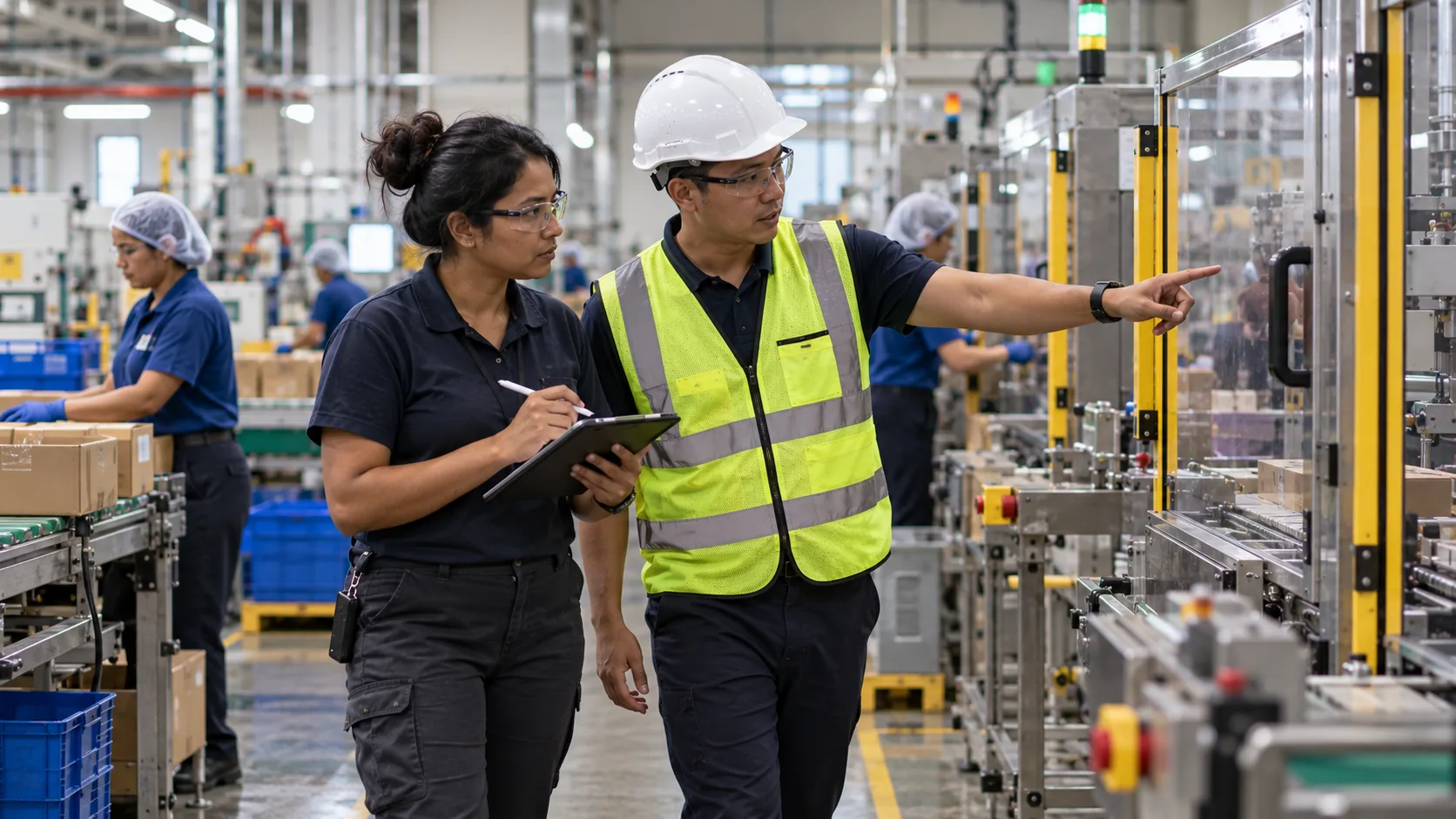 A safety officer in a white hard hat and hi-vis vest pointing at a guarded packaging line while a colleague takes notes on a tablet during a factory walk-through