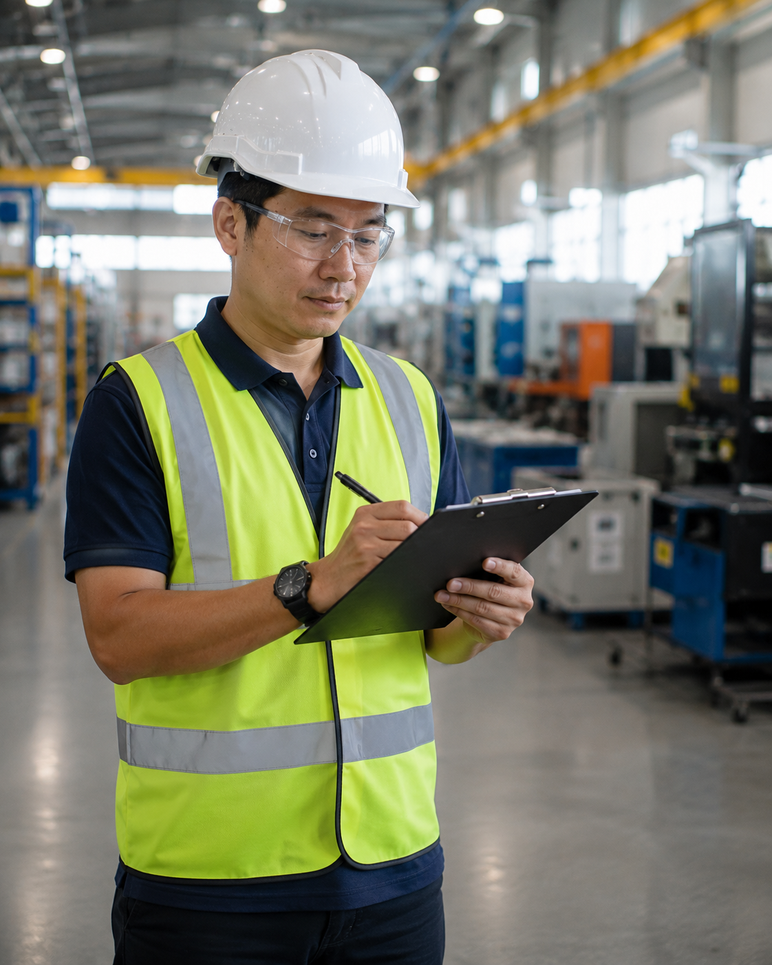 Workplace health and safety officer reviewing documentation on site