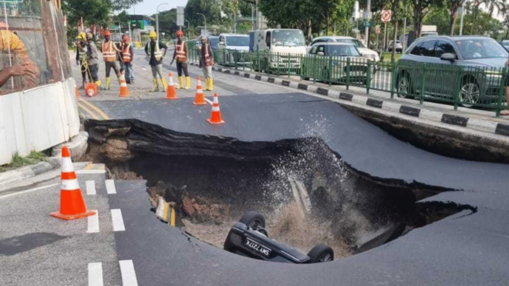 Construction workers in safety vests standing near the Tanjong Katong Road sinkhole where an overturned car is submerged.