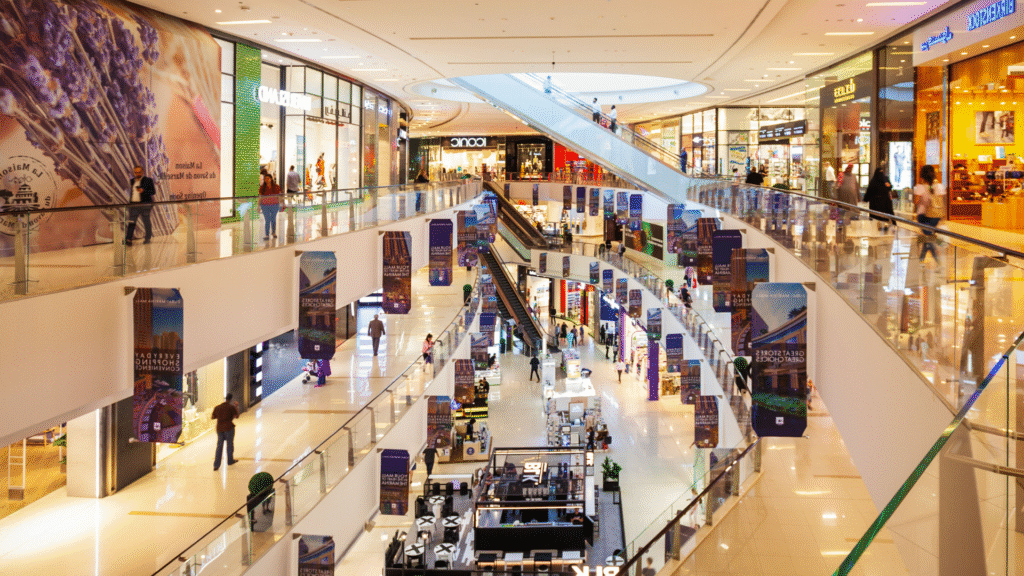Modern shopping mall interior with escalators and multiple levels filled with shoppers.