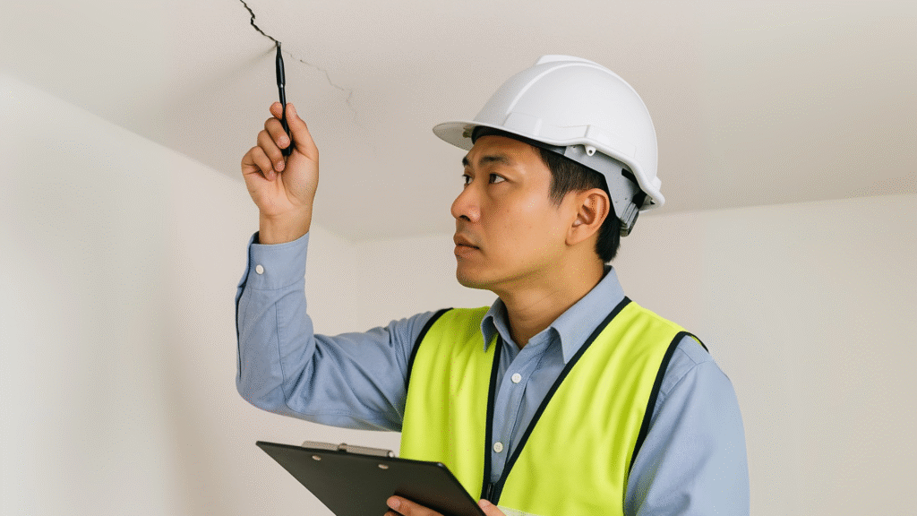 Workplace Safety and Health (WSH) officer examining a crack in the ceiling with a clipboard and pen.