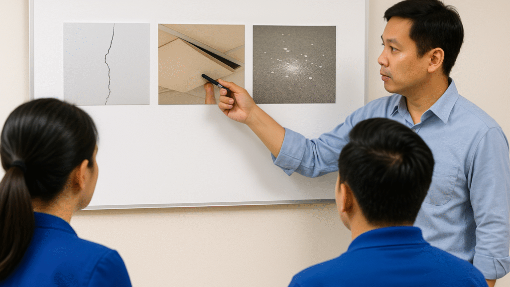 Safety officer conducting a training session on early ceiling failure indicators like cracks, sagging, and water damage.