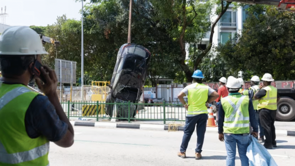Workers and engineers observing as a damaged car is lifted upright from the Tanjong Katong sinkhole in Singapore.
