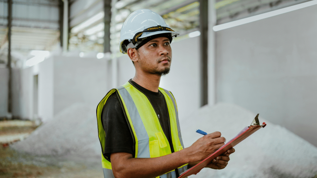 Male construction safety officer wearing helmet and vest, holding clipboard while inspecting a site in Singapore.