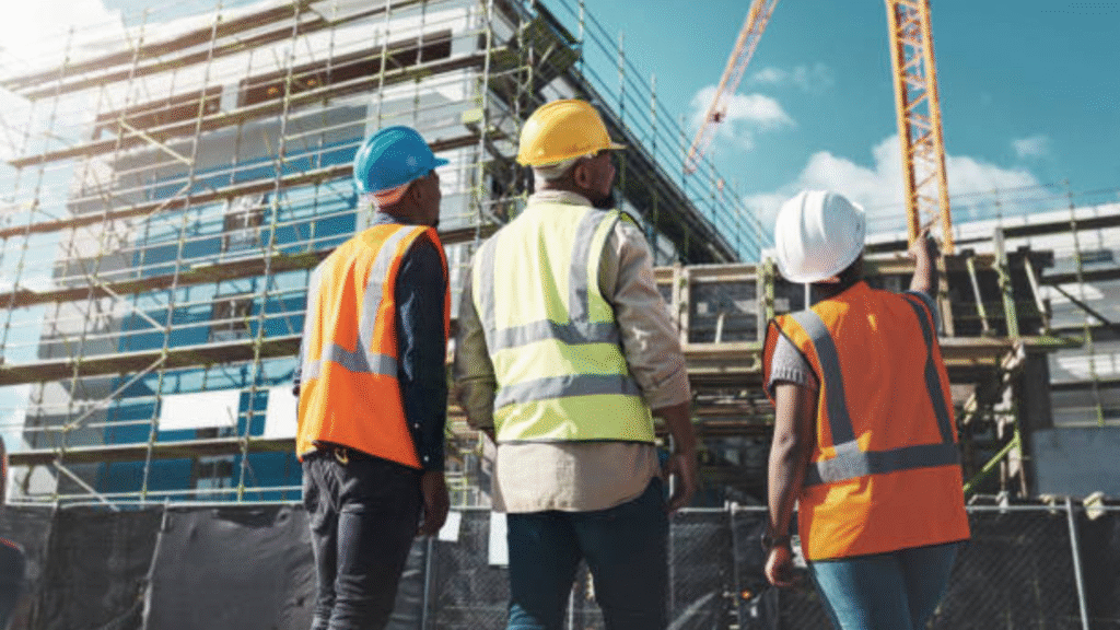 Group of engineers and safety officers in helmets and reflective vests reviewing a building site in Singapore.