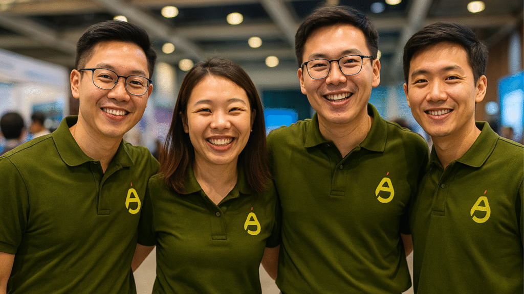 AnjouHealth team in green polo shirts smiling together, representing workplace health and safety experts in Singapore.