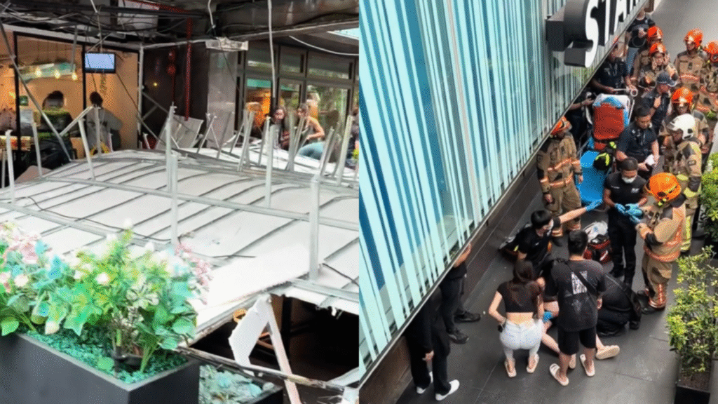 Collapsed false ceiling structure with metal frames and debris outside a café at Liat Towers, Singapore.