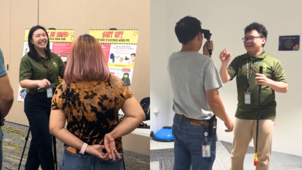 Workers engaging at AnjouHealth’s interactive safety booth featuring hands-on learning and PPE awareness activities