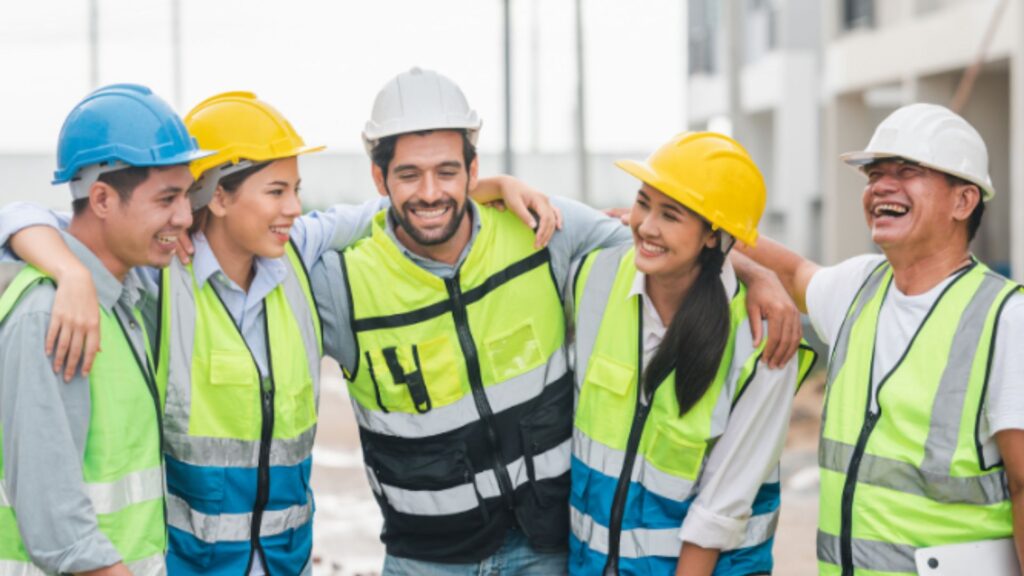 Group of smiling construction workers in safety vests and helmets celebrating teamwork and a positive safety culture