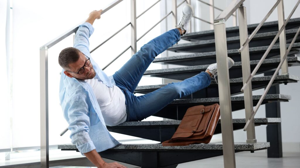 Man slipping on stairs with legs in the air and hand grabbing railing