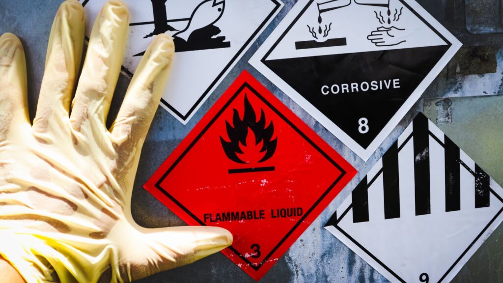 Safety symbols and PPE used during hazard identification in a WHS risk assessment in Singapore