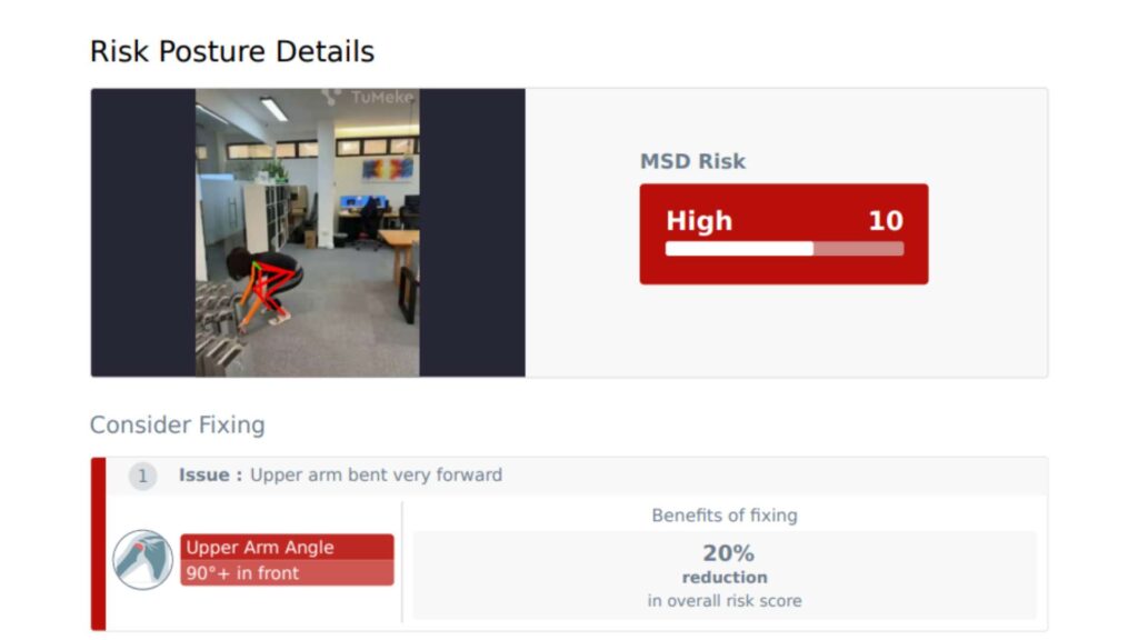 Ergonomic risk assessment results identifying posture risks
