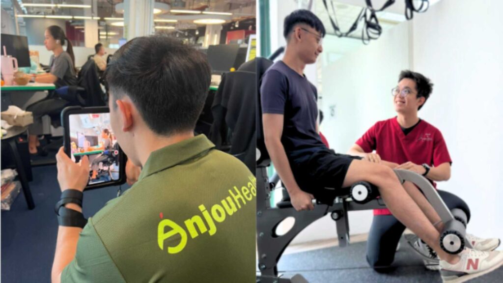 Ergonomist conducting an office workstation ergonomics assessment as part of workplace safety and health campaigns in Singapore