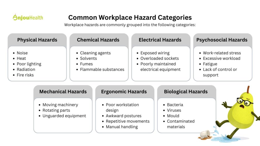 Infographic showing physical, ergonomic, chemical, biological and psychosocial workplace safety hazards in Singapore