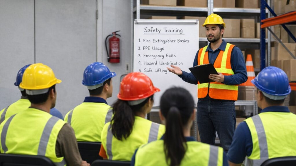 Workplace safety training session in Singapore with employees wearing PPE during a safety briefing