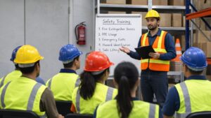 Workplace safety training session in Singapore with employees wearing PPE during a safety briefing