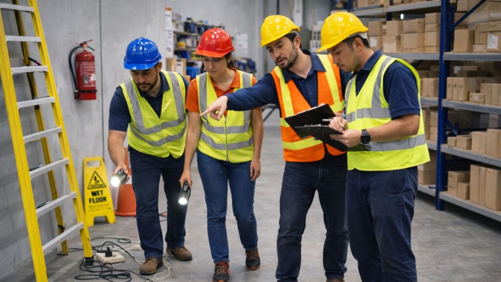Workers identifying workplace hazards during a safety training session in a Singapore worksite
