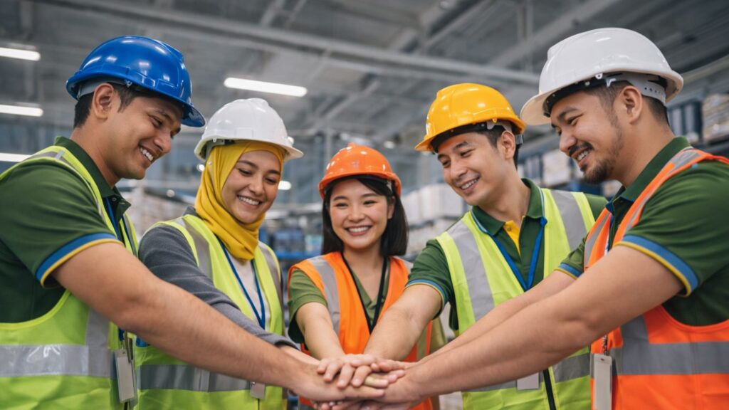 Team of workers demonstrating strong workplace safety culture and collaboration to promote safe and healthy working environments in Singapore. 