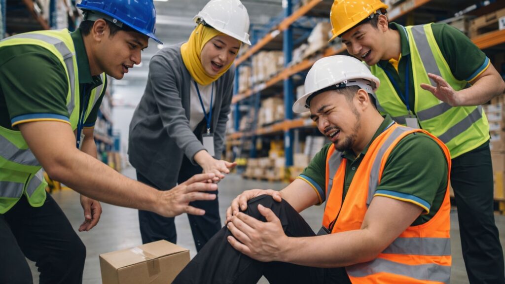 Workers assisting injured colleague in warehouse, illustrating the importance of proactive workplace safety and health risk management in Singapore.