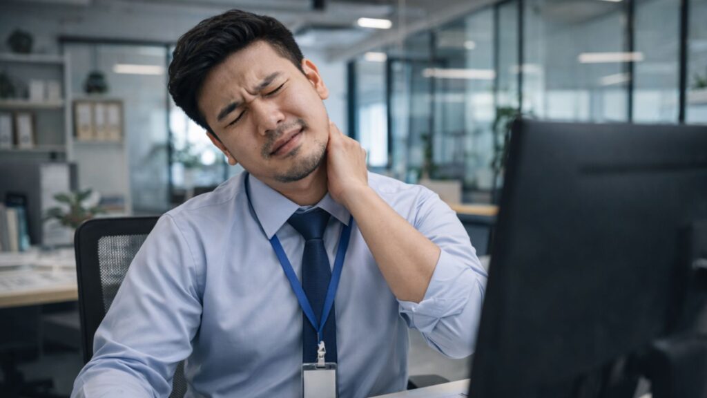 Office worker experiencing neck pain due to poor workstation ergonomics, highlighting ergonomic risks in workplace safety and health in Singapore.