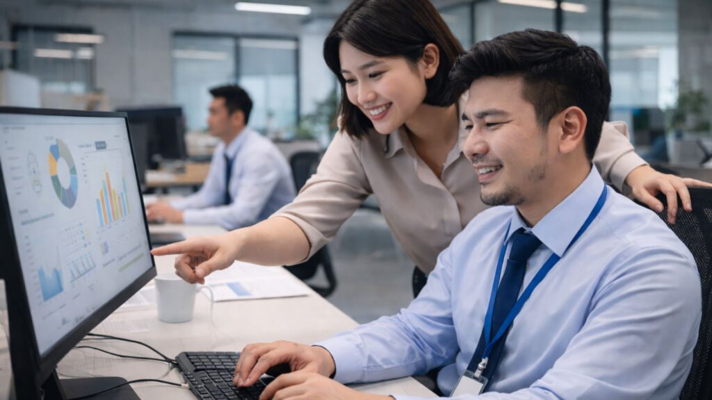 Employees reviewing performance data in office setting, representing proactive workplace safety and health strategy focused on prevention in Singapore.