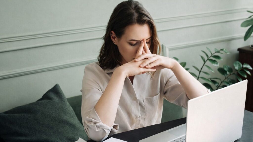 Employee experiencing mental fatigue while working on a laptop at a desk, illustrating workplace stress and burnout.