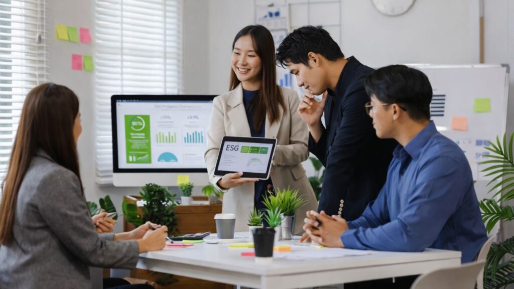Office team reviewing performance and sustainability data during a collaborative workplace meeting, illustrating employee engagement and productive teamwork