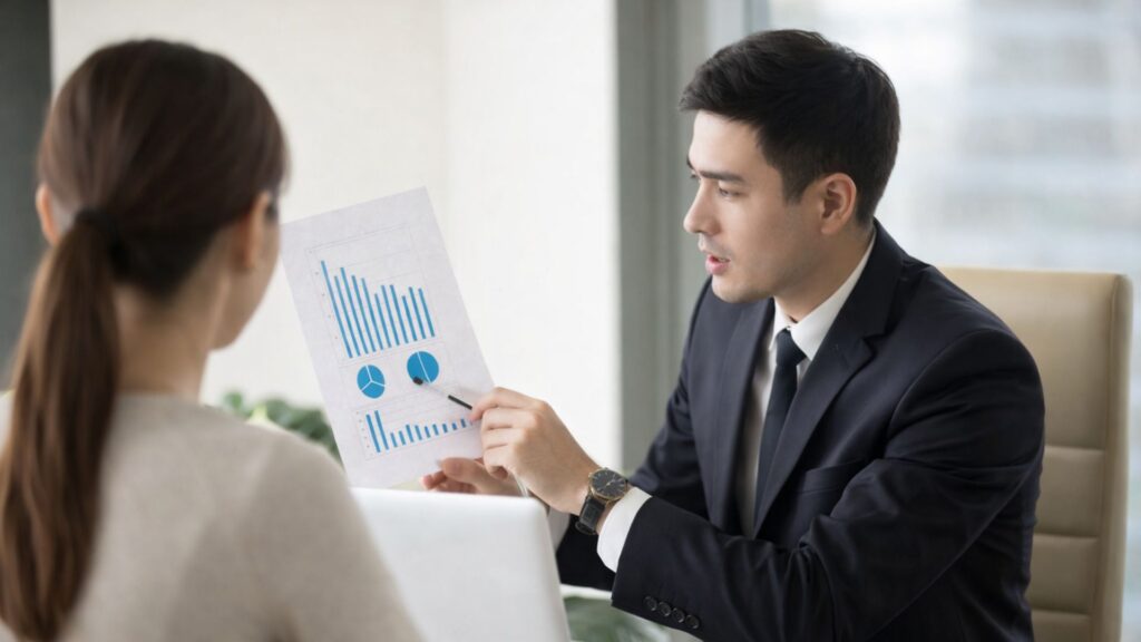 Manager discussing work performance charts with an employee at a desk in an office setting
