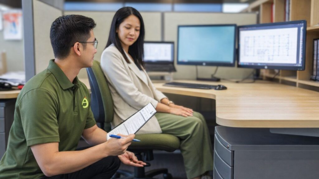 Workplace ergonomics consultant conducting a desk assessment with an employee in a modern office, reviewing posture and workstation setup.
