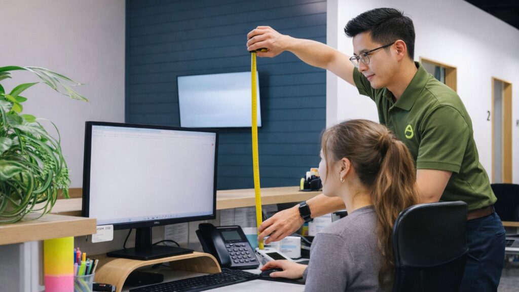 Ergonomics consultant measuring monitor height during a workplace desk assessment in a modern office.
