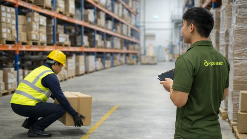 Warehouse worker lifting box with poor posture while safety officer observes, highlighting risk factors and early signs of WMSD
