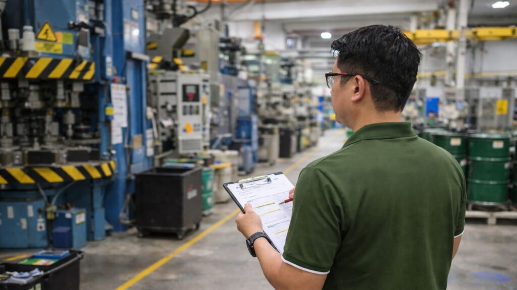 Safety officer conducting a workplace hazard inspection in a manufacturing facility as part of hazard identification and risk assessment procedures
